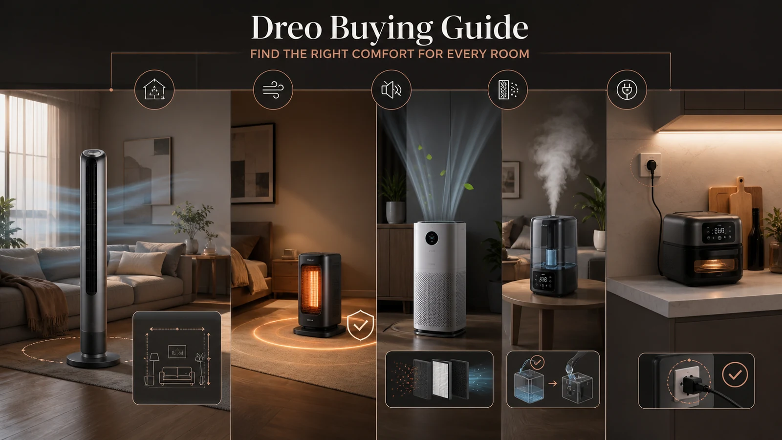 Home comfort appliances compared by room size, airflow, safety, filters and maintenance