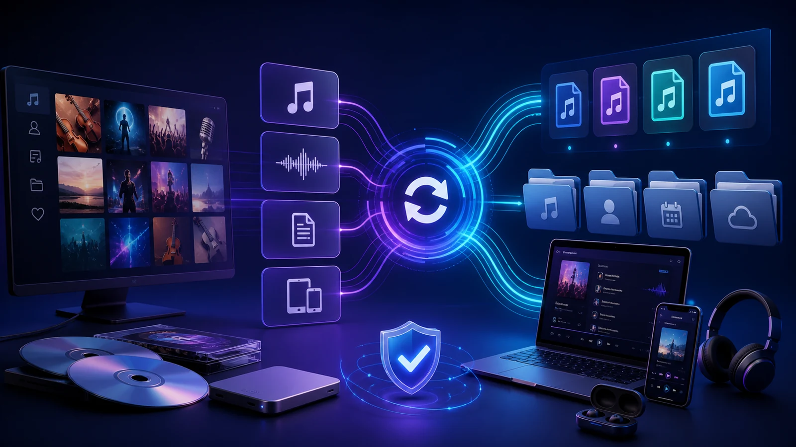 Digital audio library workflow showing formats, metadata, compatible devices and organized output
