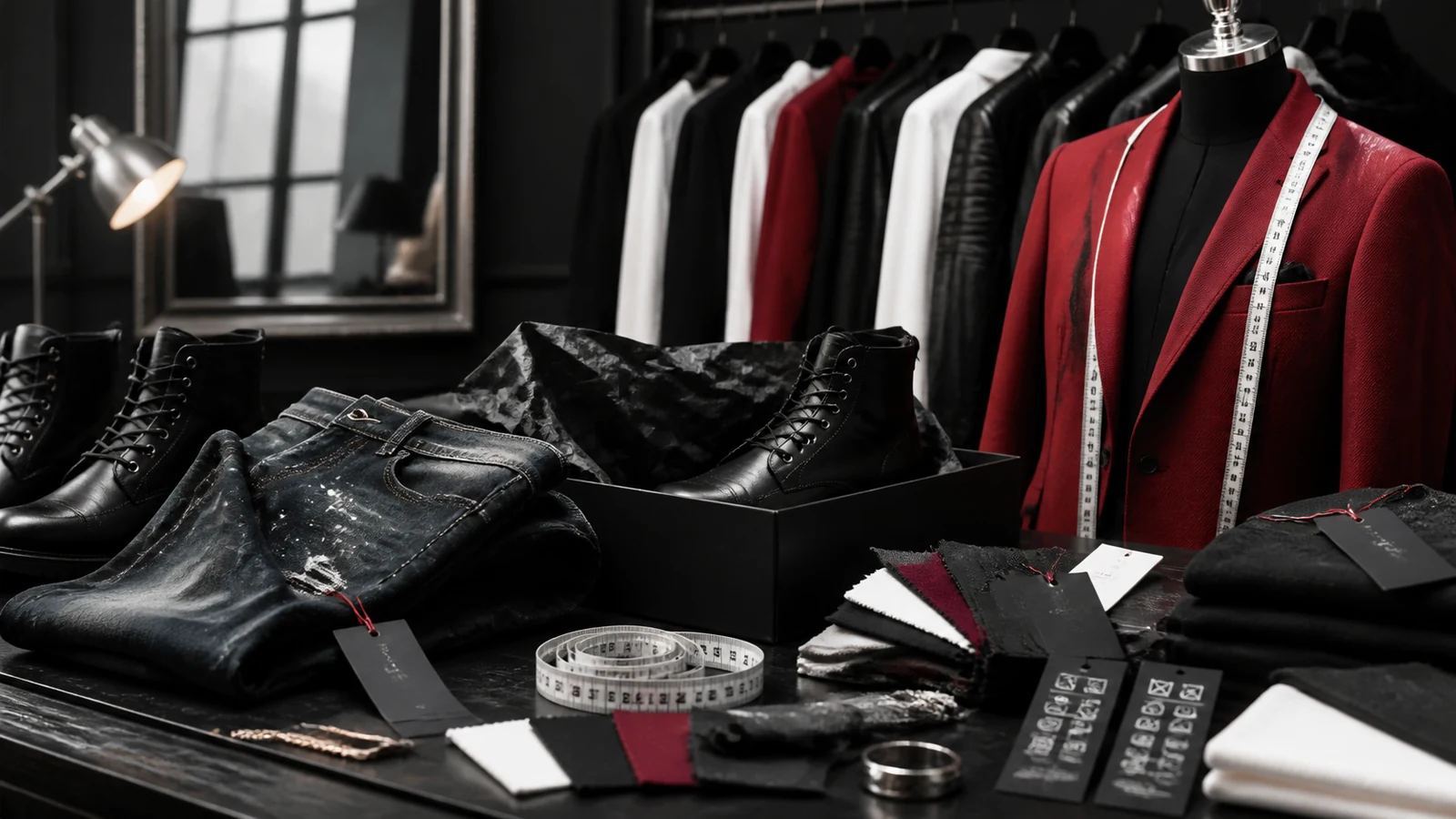 Luxury fashion fitting studio with denim, tailoring, footwear, measurements and protected return tags