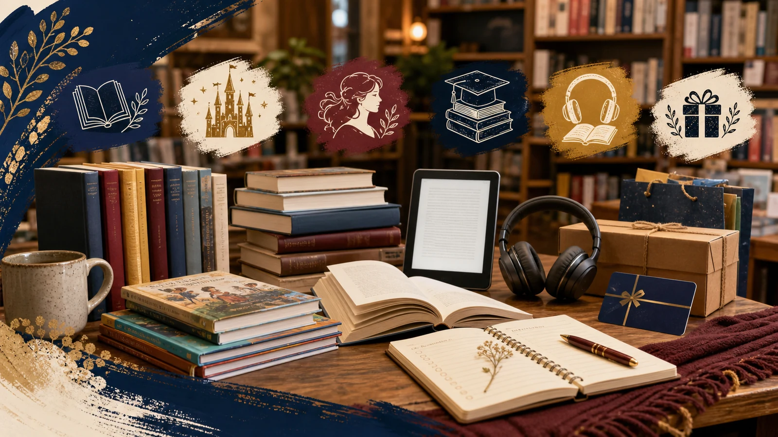 Bookstore reading table with print books, children’s titles, ebook, audiobook, gift and delivery parcel