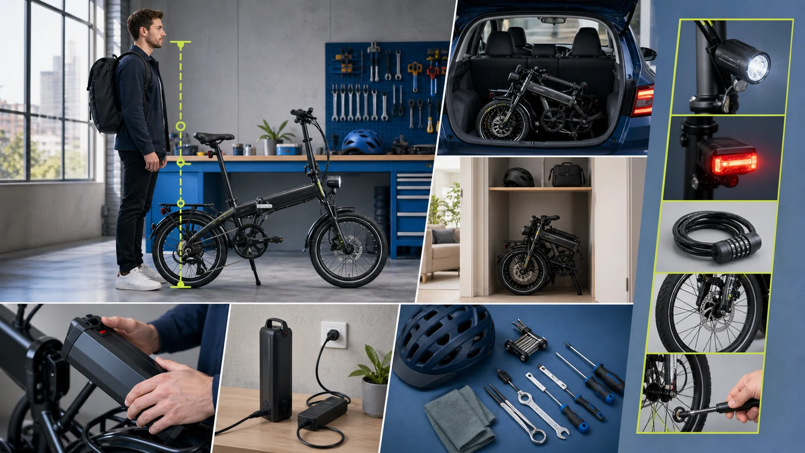 Compact folding e-bike compared by rider fit, storage, battery charging, safety equipment and maintenance