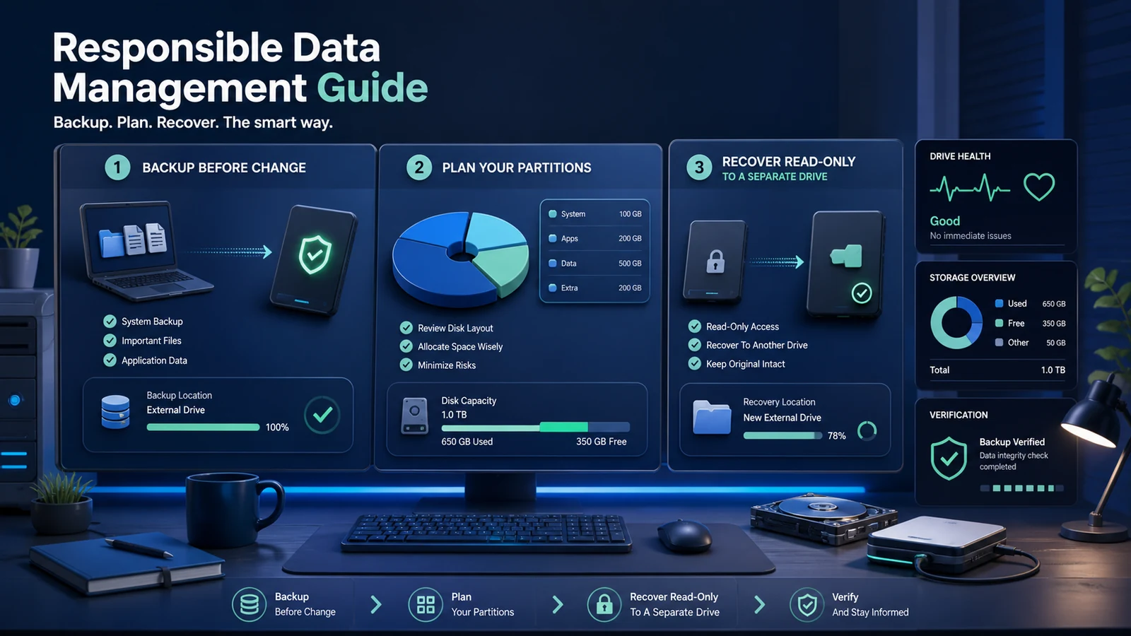 Responsible data workflow showing backup, partition planning, read-only recovery and verification