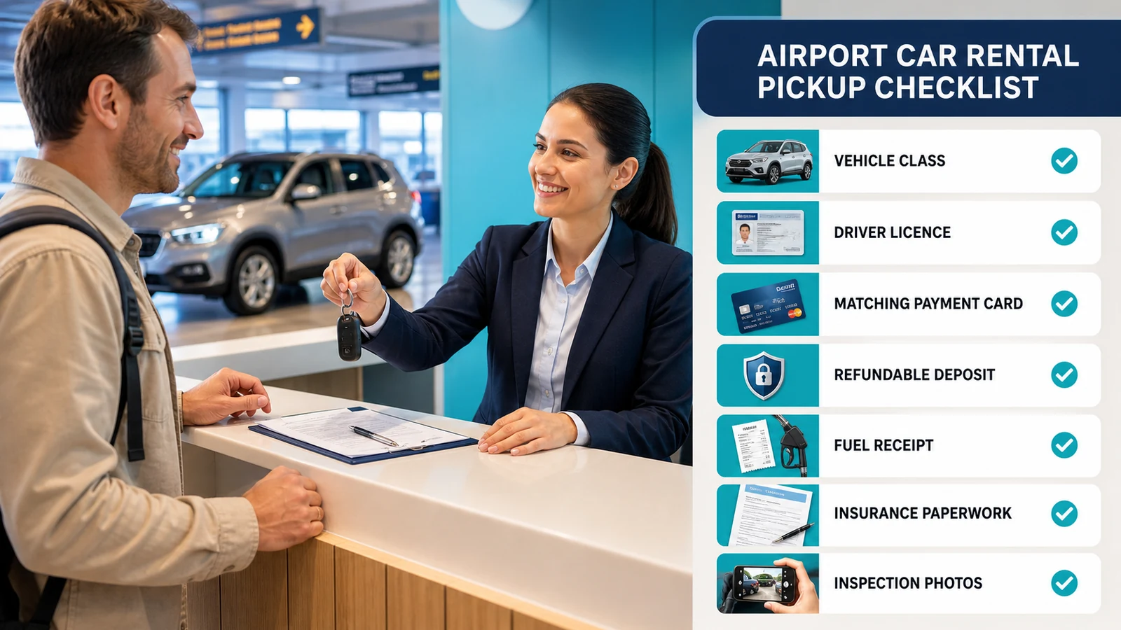 Airport rental pickup with vehicle class, licence, matching payment card, deposit, fuel and inspection checklist
