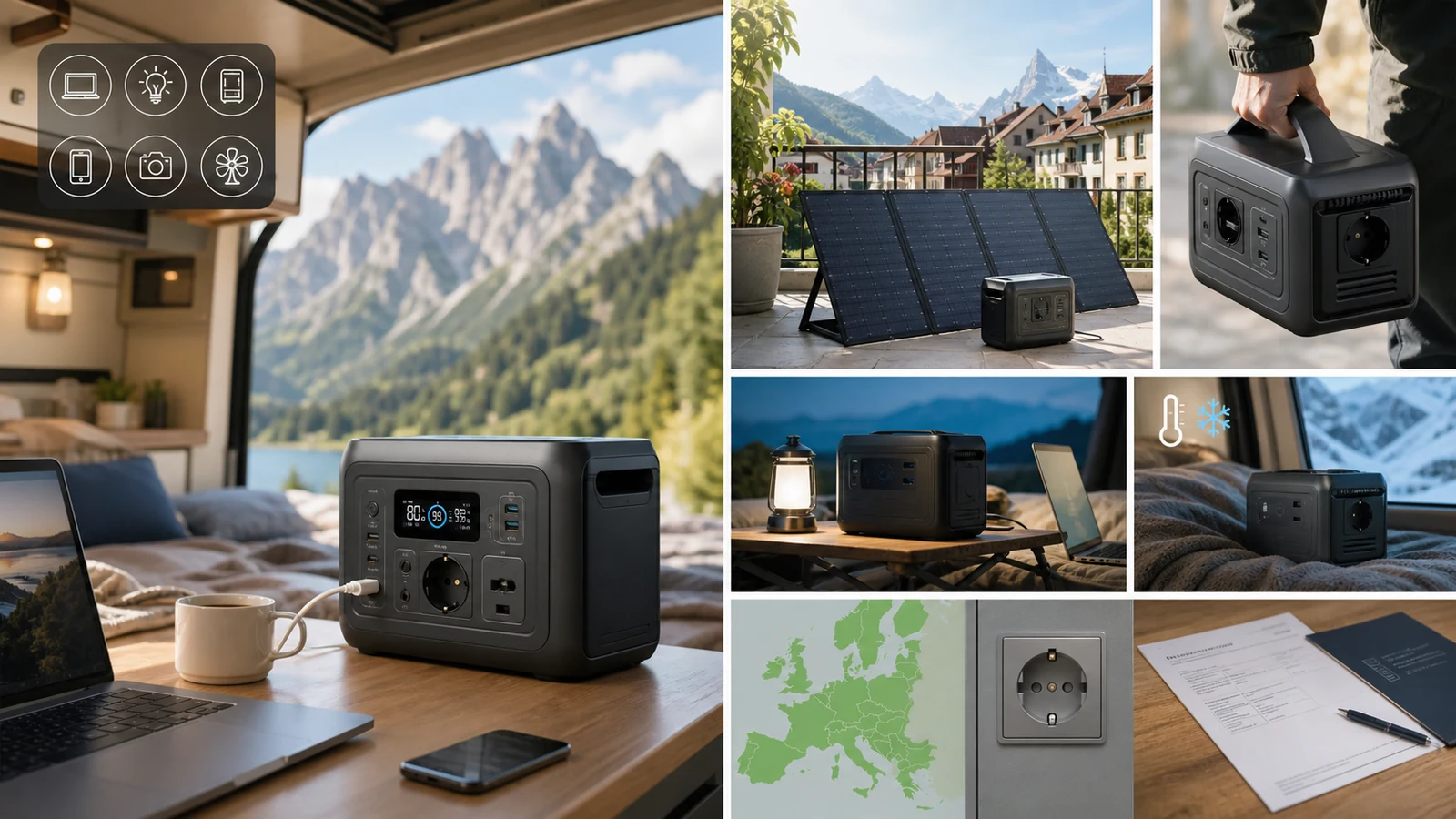 European portable power for campervan, balcony solar, travel weight, cold weather and regional documentation
