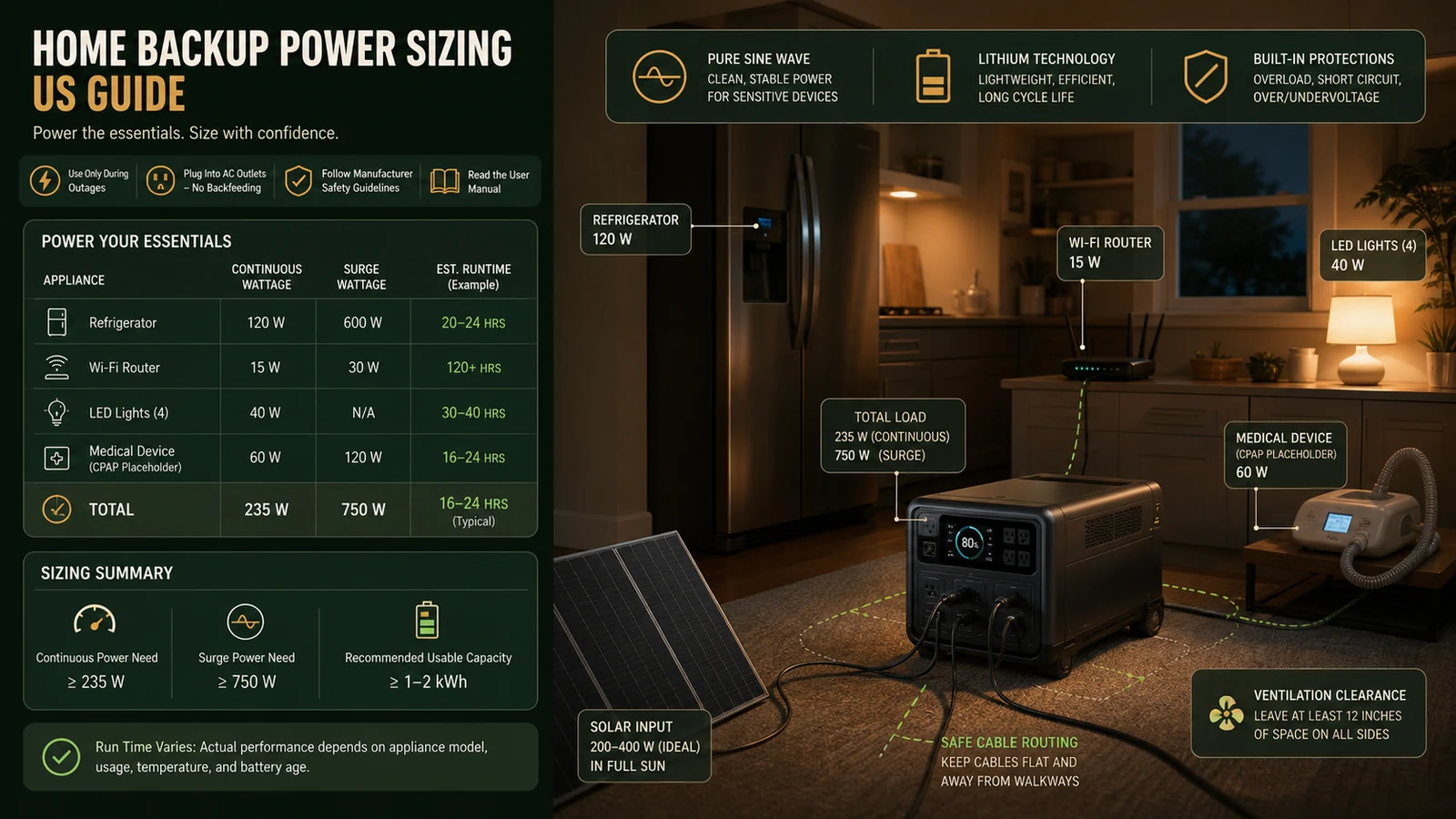 US home backup power plan with essential loads, surge watts, runtime, solar input and safe cable routing