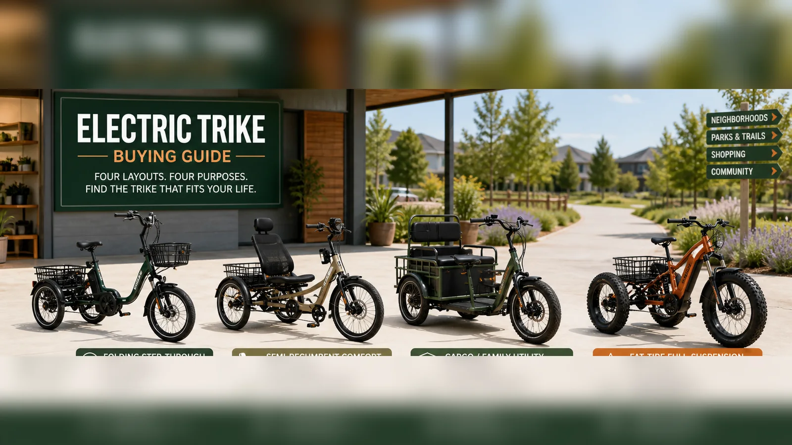 Four electric trike layouts for folding, comfort, cargo and rough-terrain use