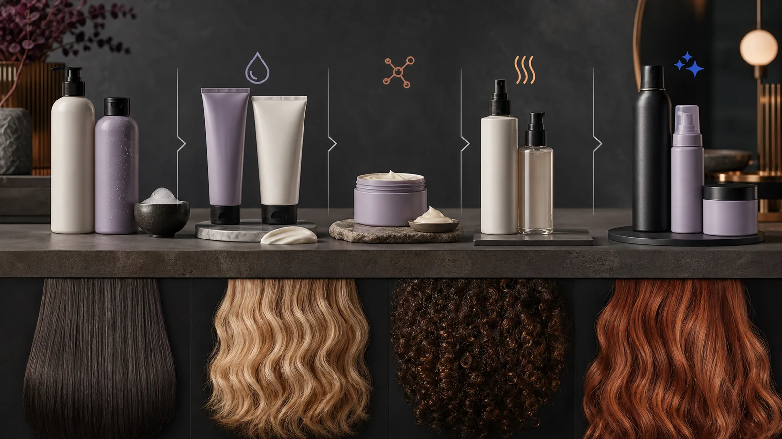 Hair textures and products organised from cleansing through styling