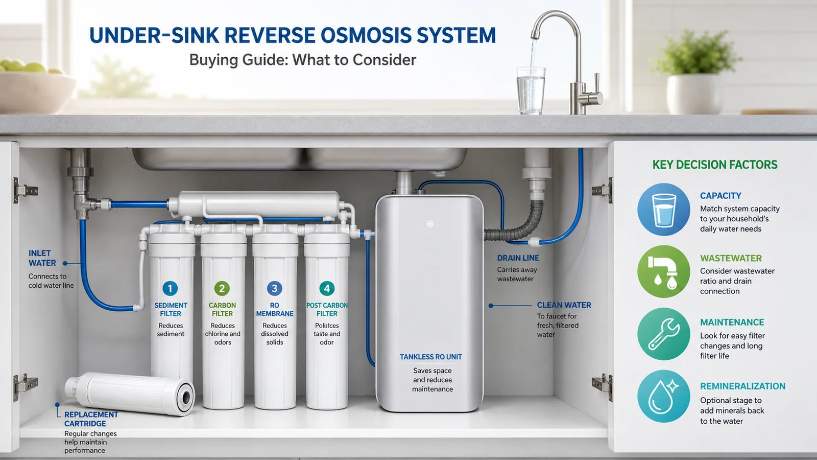 Under-sink reverse-osmosis system showing filters, water lines and maintenance factors