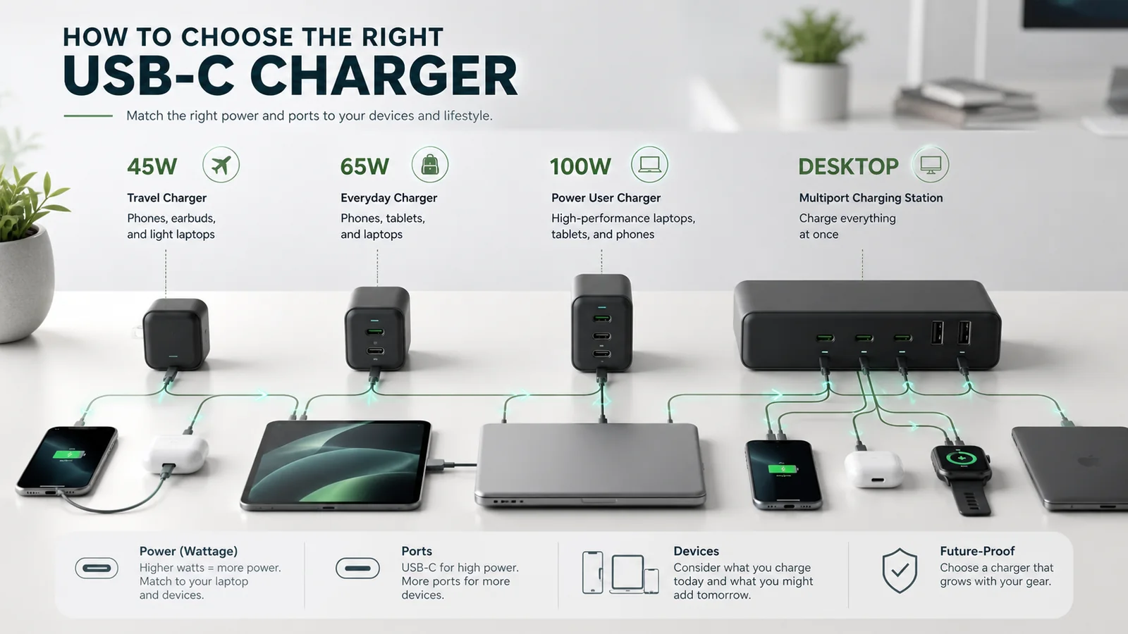 USB-C charger comparison showing 45W, 65W, 100W and desktop charging setups
